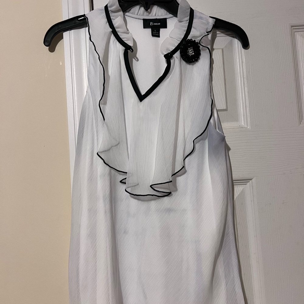 Bwear White Blouse with Black Accents with Black blazer.